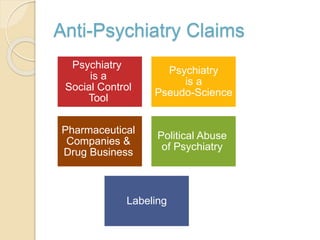 Anti-Psychiatry Claims
Psychiatry
is a
Pseudo-Science
Psychiatry
is a
Social Control
Tool
Political Abuse
of Psychiatry
Pharmaceutical
Companies &
Drug Business
Labeling
 
