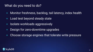 What do you need to do?
33
+ Monitor freshness, backlog, tail latency, index health
+ Load test beyond steady state
+ Isolate workloads aggressively
+ Design for zero-downtime upgrades
+ Choose storage engines that tolerate write pressure
 