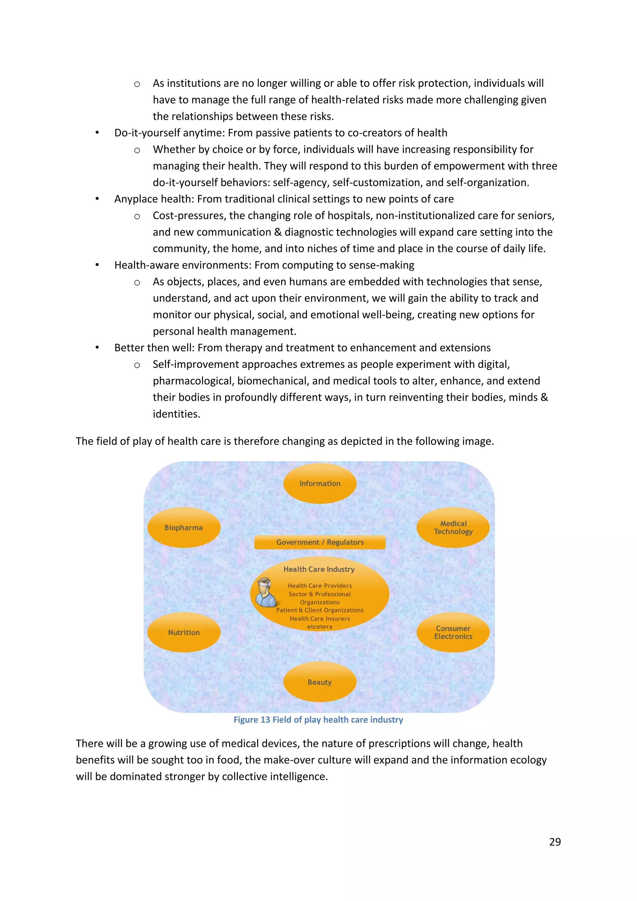 29
o As institutions are no longer willing or able to offer risk protection, individuals will
have to manage the full range of health-related risks made more challenging given
the relationships between these risks.
• Do-it-yourself anytime: From passive patients to co-creators of health
o Whether by choice or by force, individuals will have increasing responsibility for
managing their health. They will respond to this burden of empowerment with three
do-it-yourself behaviors: self-agency, self-customization, and self-organization.
• Anyplace health: From traditional clinical settings to new points of care
o Cost-pressures, the changing role of hospitals, non-institutionalized care for seniors,
and new communication & diagnostic technologies will expand care setting into the
community, the home, and into niches of time and place in the course of daily life.
• Health-aware environments: From computing to sense-making
o As objects, places, and even humans are embedded with technologies that sense,
understand, and act upon their environment, we will gain the ability to track and
monitor our physical, social, and emotional well-being, creating new options for
personal health management.
• Better then well: From therapy and treatment to enhancement and extensions
o Self-improvement approaches extremes as people experiment with digital,
pharmacological, biomechanical, and medical tools to alter, enhance, and extend
their bodies in profoundly different ways, in turn reinventing their bodies, minds &
identities.
The field of play of health care is therefore changing as depicted in the following image.
Figure 13 Field of play health care industry
There will be a growing use of medical devices, the nature of prescriptions will change, health
benefits will be sought too in food, the make-over culture will expand and the information ecology
will be dominated stronger by collective intelligence.
Biopharma
Health Care Providers
Sector & Professional
Organizations
Patient & Client Organizations
Health Care Insurers
etcetera
Health Care Industry
Government / Regulators
Medical
Technology
Beauty
Nutrition
Consumer
Electronics
Information
 
