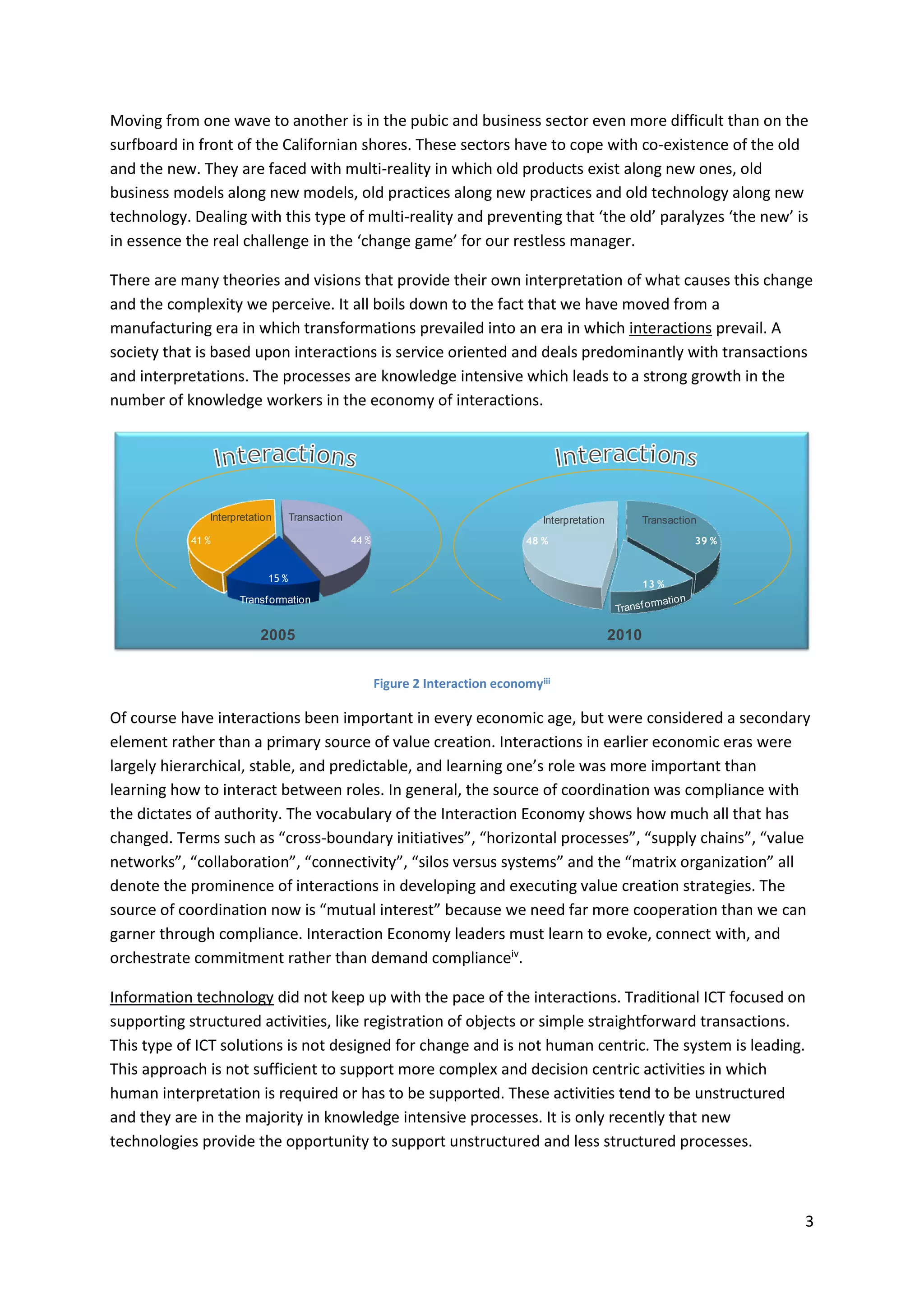 3
Moving from one wave to another is in the pubic and business sector even more difficult than on the
surfboard in front of the Californian shores. These sectors have to cope with co-existence of the old
and the new. They are faced with multi-reality in which old products exist along new ones, old
business models along new models, old practices along new practices and old technology along new
technology. Dealing with this type of multi-reality and preventing that ‘the old’ paralyzes ‘the new’ is
in essence the real challenge in the ‘change game’ for our restless manager.
There are many theories and visions that provide their own interpretation of what causes this change
and the complexity we perceive. It all boils down to the fact that we have moved from a
manufacturing era in which transformations prevailed into an era in which interactions prevail. A
society that is based upon interactions is service oriented and deals predominantly with transactions
and interpretations. The processes are knowledge intensive which leads to a strong growth in the
number of knowledge workers in the economy of interactions.
Figure 2 Interaction economyiii
Of course have interactions been important in every economic age, but were considered a secondary
element rather than a primary source of value creation. Interactions in earlier economic eras were
largely hierarchical, stable, and predictable, and learning one’s role was more important than
learning how to interact between roles. In general, the source of coordination was compliance with
the dictates of authority. The vocabulary of the Interaction Economy shows how much all that has
changed. Terms such as “cross-boundary initiatives”, “horizontal processes”, “supply chains”, “value
networks”, “collaboration”, “connectivity”, “silos versus systems” and the “matrix organization” all
denote the prominence of interactions in developing and executing value creation strategies. The
source of coordination now is “mutual interest” because we need far more cooperation than we can
garner through compliance. Interaction Economy leaders must learn to evoke, connect with, and
orchestrate commitment rather than demand complianceiv
.
Information technology did not keep up with the pace of the interactions. Traditional ICT focused on
supporting structured activities, like registration of objects or simple straightforward transactions.
This type of ICT solutions is not designed for change and is not human centric. The system is leading.
This approach is not sufficient to support more complex and decision centric activities in which
human interpretation is required or has to be supported. These activities tend to be unstructured
and they are in the majority in knowledge intensive processes. It is only recently that new
technologies provide the opportunity to support unstructured and less structured processes.
15 %
41 % 44 %
Transformation
TransactionInterpretation
13 %
39 %48 %
TransactionInterpretation
2005 2010
 