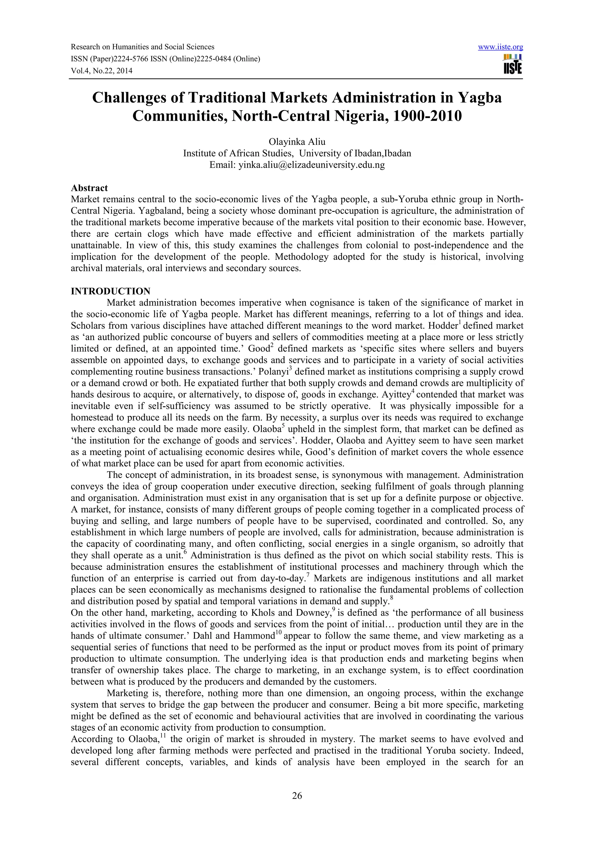 Challenges of traditional markets administration in yagba communities