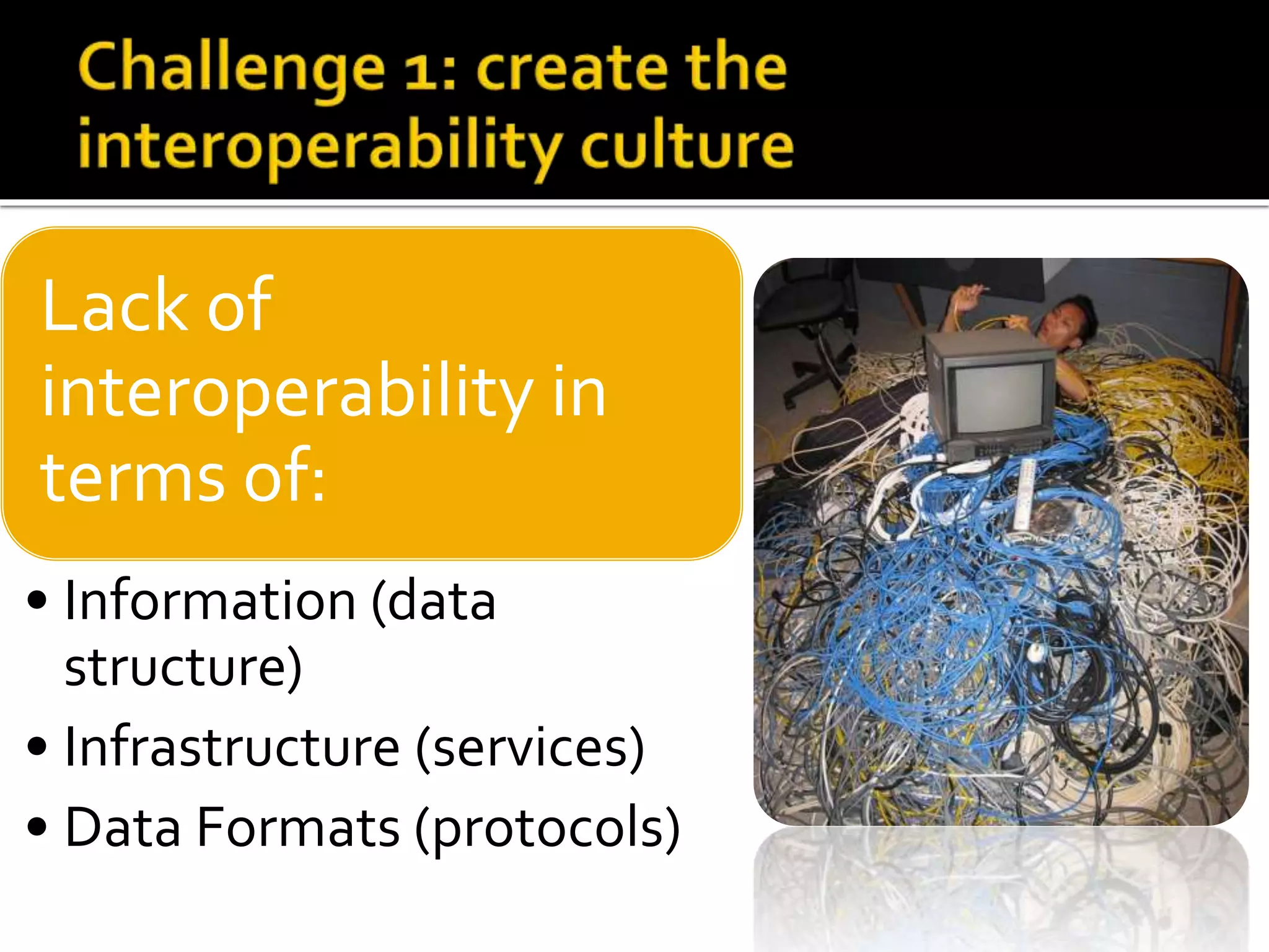 Lack of
interoperability in
terms of:
• Information (data
structure)
• Infrastructure (services)
• Data Formats (protocols)
 