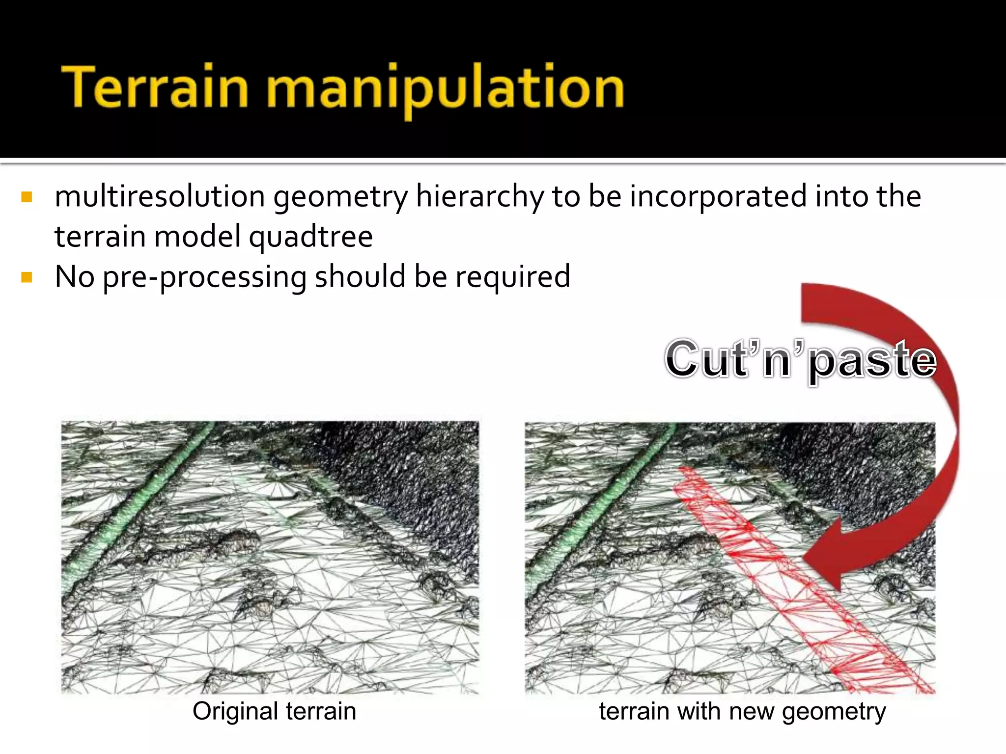  multiresolution geometry hierarchy to be incorporated into the
terrain model quadtree
 No pre-processing should be required
Original terrain terrain with new geometry
 