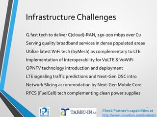 How to cater for peaked traffic
(and still earn revenue )
Global mobile data traffic nearly twelve times greater than
total global Internet traffic in 2000. Explosion in IoT data
traffic from additional trillions of connected devices expected
4G connection generated ~20 times more traffic on average
than a non-4G connection in 2013
Smartphones represents >20% of total global handsets in
use, but <90% of total global traffic
2/3 of global mobile data traffic - video by 2017
Avg usage/month; 7GB mobile data per user 2016
WiFi networks (e.g. hyMesh) may offload RAN asVoWiFi may
counteract declining revenue from users on OTT networks
12
Check Partner’s capabilities at
http://www.inovatian.com/hymesh/
 