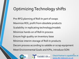 Traffical Challenges
Design and optimize network configuration
Tools to model and test network routing & caps
Maximize utilization of NE’s & infrastructure
Predict future traffic growth well in advance
Smoothen traffic peaks (use of tariffs etc)
Max throughput by flexibility & efficiency
Establish infrastructure & NE redundancy
Strengthen ability to handle catastrophy events
18
Check Partner’s capabilities at
http://kloudspun.com/
 