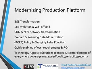 CSPs transforming into an open
Platform Service Company
Transition from HW-centric, closed dedicated network equipment to
SW-centric, open, scalable and programmable network functions
will allow easy commissioning and modification, which will enable
efficient operation and swift service creation for demanding users.
NFV technology as Radio/Core/Transport Network Functions and
Operation Supporting Functions permit users to modify, reconfigure
and redesign freely all conventional telecom networks and services.
SDN architecture will introduce four planes; the Radio/User/Control
and Data Management Plane.The newTelco function composition.
7
Check Partner’s capabilities at
http://www.alepo.com/
 