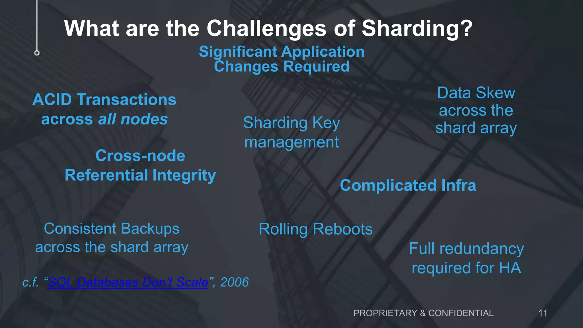 PROPRIETARY & CONFIDENTIAL 11 What are the Challenges of Sharding? c.f. “SQL Databases Don’t Scale”, 2006 Data Skew across the shard array ACID Transactions across all nodes Significant Application Changes Required Consistent Backups across the shard array Complicated Infra Full redundancy required for HA Rolling Reboots Sharding Key management Cross-node Referential Integrity 