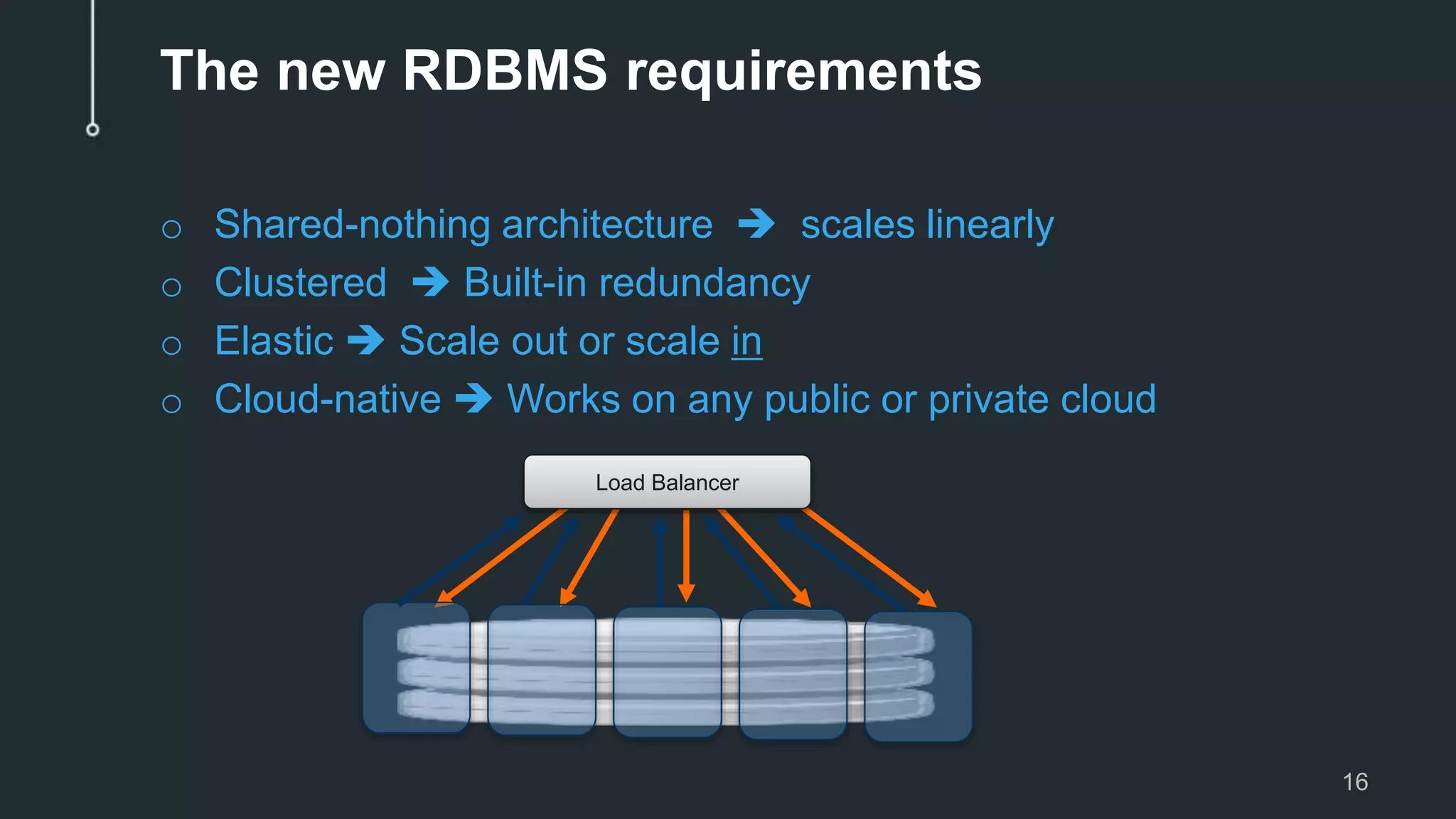 o Shared-nothing architecture  scales linearly o Clustered  Built-in redundancy o Elastic  Scale out or scale in o Cloud-native  Works on any public or private cloud The new RDBMS requirements 16 Load Balancer 
