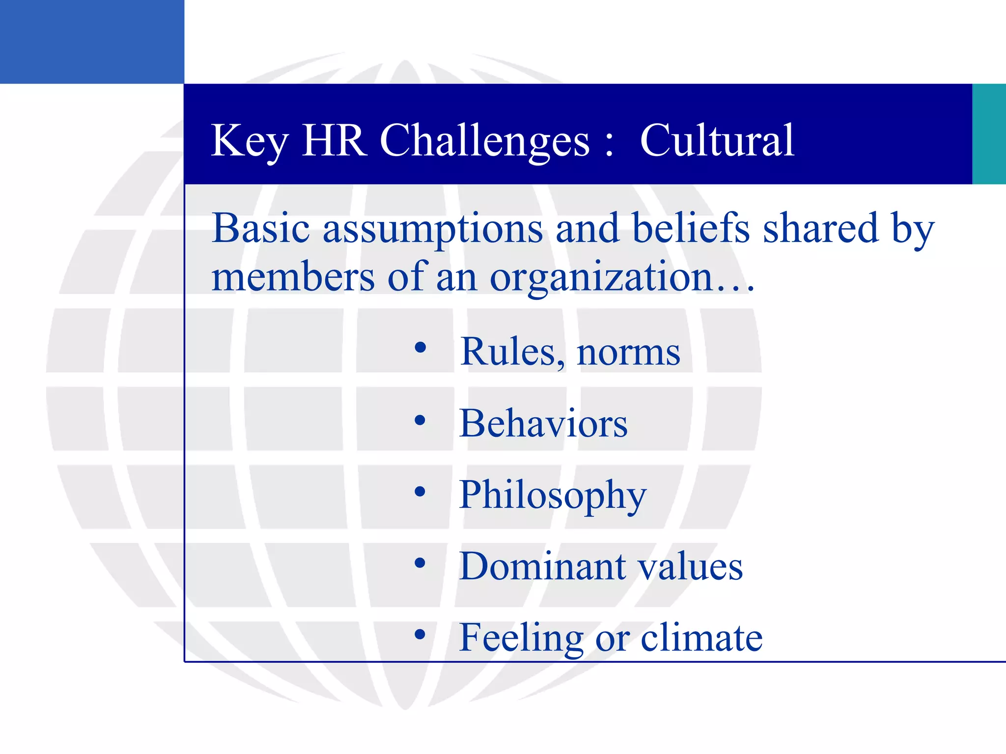 Key HR Challenges : Cultural
Basic assumptions and beliefs shared by
members of an organization…
          • Rules, norms
          • Behaviors
          • Philosophy
          • Dominant values
          • Feeling or climate
 