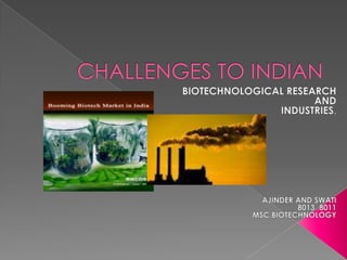 CHALLENGES TO INDIAN BIOTECHNOLOGICAL RESEARCH  AND INDUSTRIES. AJINDER AND SWATI 8013 ,8011 MSC.BIOTECHNOLOGY 