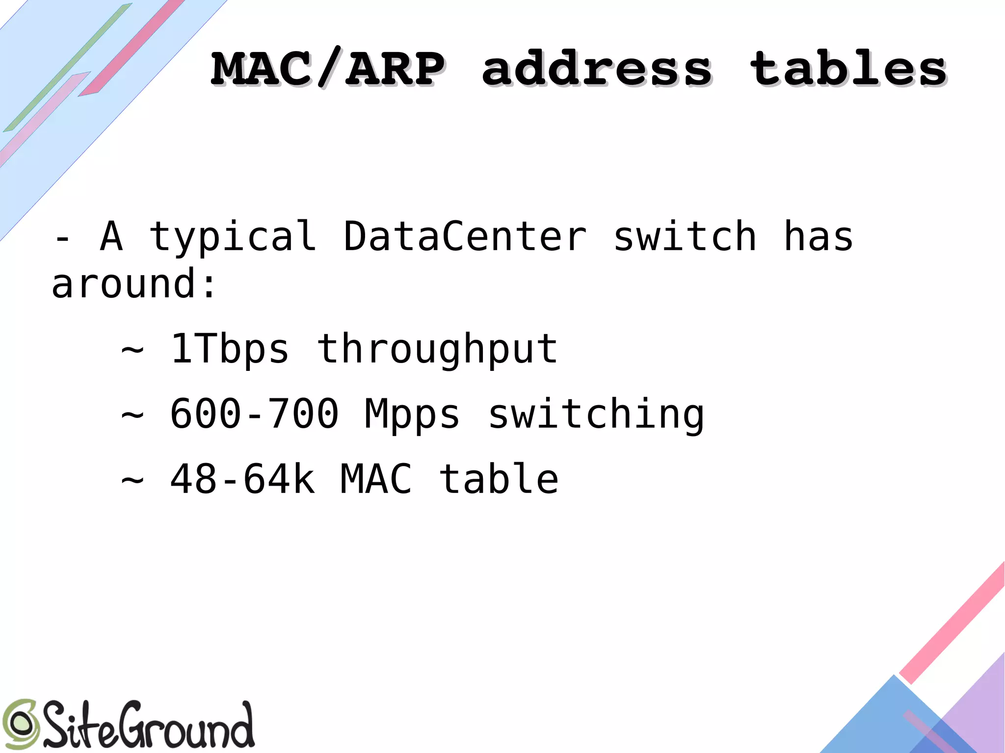 MAC/ARP address tablesMAC/ARP address tables
- A typical DataCenter switch has
around:
~ 1Tbps throughput
~ 600-700 Mpps switching
~ 48-64k MAC table
 
