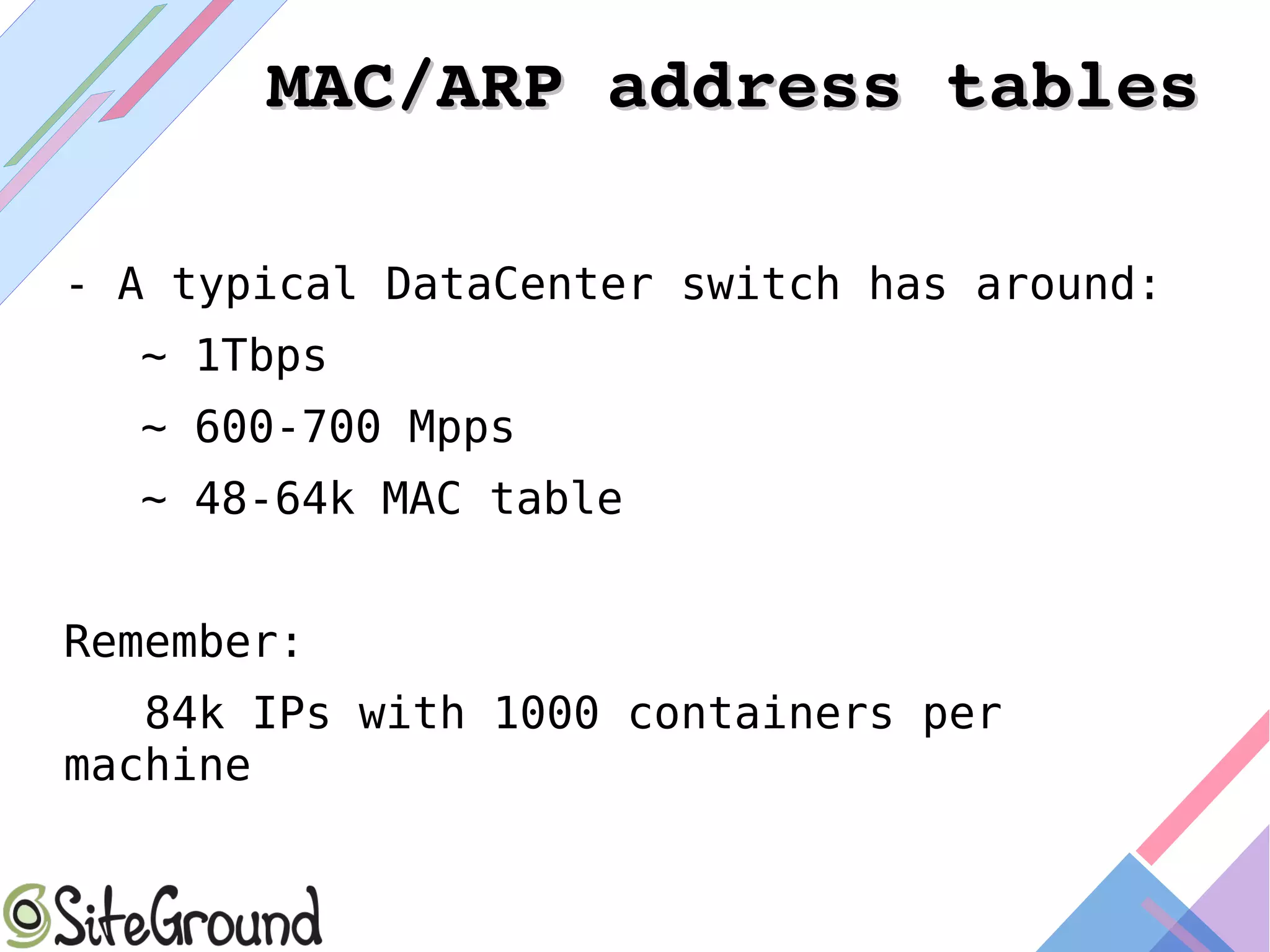 MAC/ARP address tablesMAC/ARP address tables
- A typical DataCenter switch has around:
~ 1Tbps
~ 600-700 Mpps
~ 48-64k MAC table
Remember:
84k IPs with 1000 containers per
machine
 