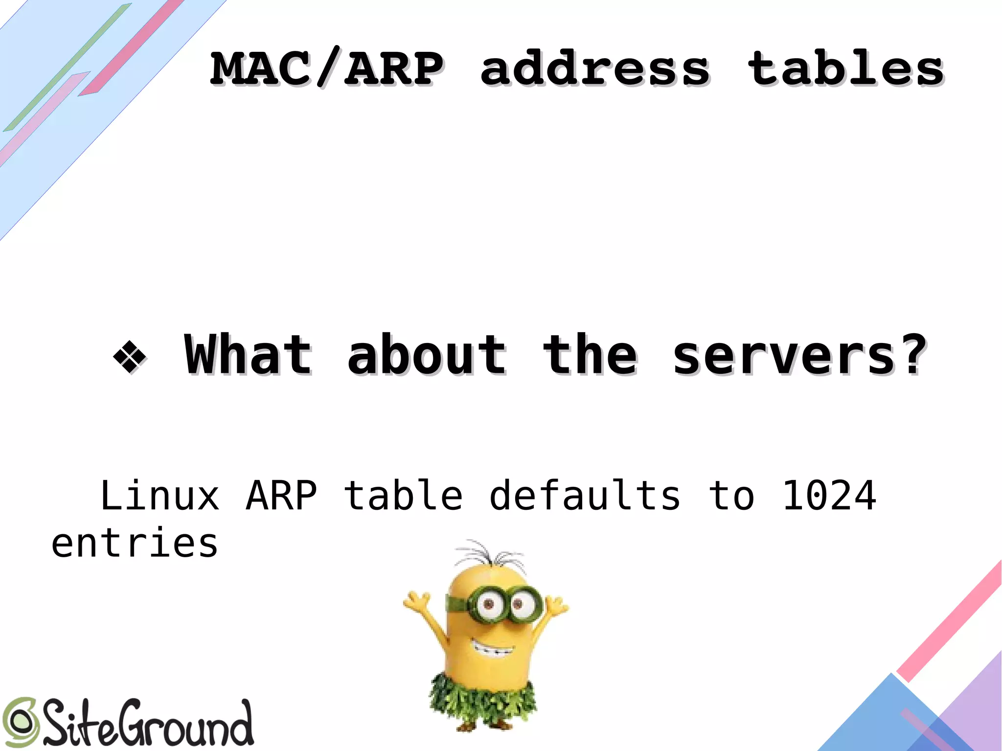 MAC/ARP address tablesMAC/ARP address tables
❖❖ What about the servers?What about the servers?
Linux ARP table defaults to 1024
entries
 