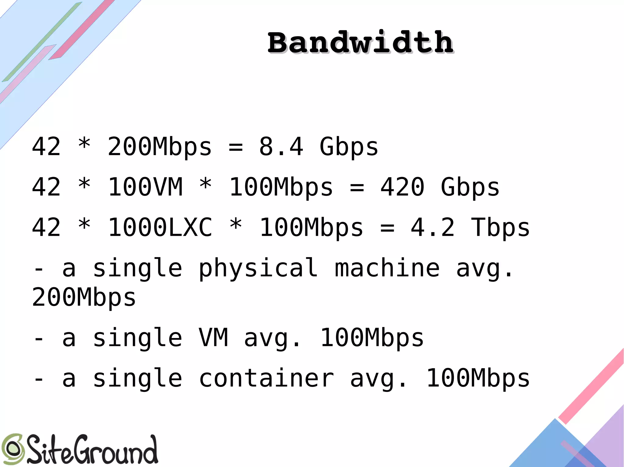 BandwidthBandwidth
42 * 200Mbps = 8.4 Gbps
42 * 100VM * 100Mbps = 420 Gbps
42 * 1000LXC * 100Mbps = 4.2 Tbps
- a single physical machine avg.
200Mbps
- a single VM avg. 100Mbps
- a single container avg. 100Mbps
 