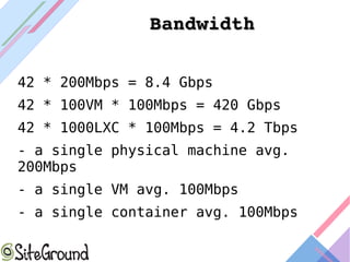 BandwidthBandwidth
42 * 200Mbps = 8.4 Gbps
42 * 100VM * 100Mbps = 420 Gbps
42 * 1000LXC * 100Mbps = 4.2 Tbps
- a single physical machine avg.
200Mbps
- a single VM avg. 100Mbps
- a single container avg. 100Mbps
 