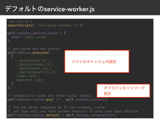service-worker.js
'use strict';
importScripts('./build/sw-toolbox.js');
self.toolbox.options.cache = {
name: 'ionic-cache'
};
// pre-cache our key assets
self.toolbox.precache(
[
'./build/main.js',
'./build/vendor.js',
'./build/main.css',
'./build/polyfills.js',
'index.html',
'manifest.json'
]
);
// dynamically cache any other local assets
self.toolbox.router.any(' /*', self.toolbox.fastest);
// for any other requests go to the network, cache,
// and then only use that cached resource if your user goes offline
self.toolbox.router.default = self.toolbox.networkFirst;
 
