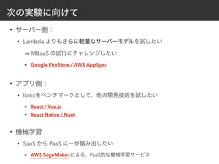 •
• Lambda  
MBaaS
• Google FireStore / AWS AppSync
•
• Ionic
• React / Vue.js
• React Native / Nuxt
•
• SaaS PaaS
• AWS SageMaker PaaS
 