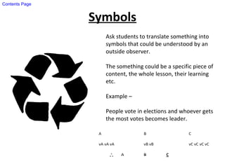 Symbols
Ask students to translate something into
symbols that could be understood by an
outside observer.
The something could be a specific piece of
content, the whole lesson, their learning
etc.
Example –
People vote in elections and whoever gets
the most votes becomes leader.
Contents Page
 