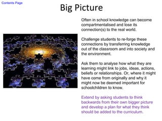 Big Picture
Often in school knowledge can become
compartmentalised and lose its
connection(s) to the real world.
Challenge students to re-forge these
connections by transferring knowledge
out of the classroom and into society and
the environment.
Ask them to analyse how what they are
learning might link to jobs, ideas, actions,
beliefs or relationships. Or, where it might
have come from originally and why it
might now be deemed important for
schoolchildren to know.
Extend by asking students to think
backwards from their own bigger picture
and develop a plan for what they think
should be added to the curriculum.
Contents Page
 