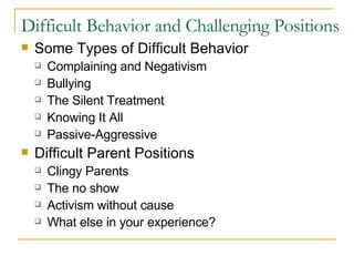 Difficult Behavior and Challenging Positions Some Types of Difficult Behavior Complaining and Negativism Bullying The Silent Treatment Knowing It All Passive-Aggressive Difficult Parent Positions Clingy Parents The no show Activism without cause What else in your experience? 