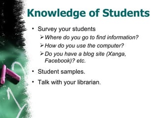 Knowledge of Students Survey your students Where do you go to find information? How do you use the computer? Do you have a blog site (Xanga, Facebook)? etc. Student samples. Talk with your librarian . 