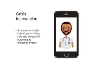 Crisis
Intervention:
> A process to assist
individuals in finding
safe and productive
outcomes to
unsettling events
 