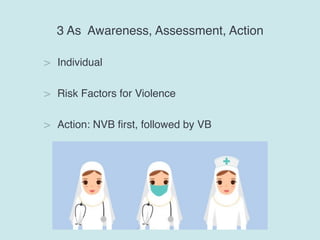 3 As Awareness, Assessment, Action
> Individual
> Risk Factors for Violence
> Action: NVB first, followed by VB
 
