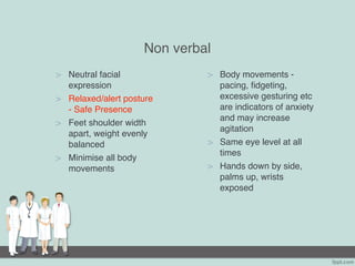 Non verbal
> Neutral facial
expression
> Relaxed/alert posture
- Safe Presence
> Feet shoulder width
apart, weight evenly
balanced
> Minimise all body
movements
> Body movements -
pacing, fidgeting,
excessive gesturing etc
are indicators of anxiety
and may increase
agitation
> Same eye level at all
times
> Hands down by side,
palms up, wrists
exposed
 