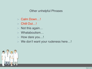 Other unhelpful Phrases
> Calm Down…!
> Chill Out…!
> Not this again…
> Whataboutism…
> How dare you…!
> We don’t want your rudeness here…!
 