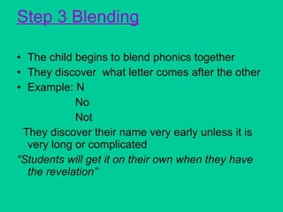 Step 3 Blending The child begins to blend phonics together They discover  what letter comes after the other  Example: N No Not They discover their name very early unless it is very long or complicated “ Students will get it on their own when they have the revelation” 