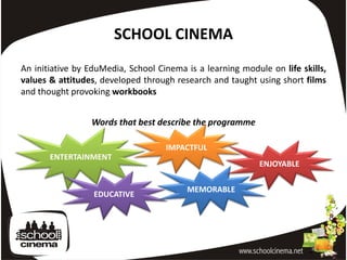 SCHOOL CINEMA
An initiative by EduMedia, School Cinema is a learning module on life skills,
values & attitudes, developed through research and taught using short films
and thought provoking workbooks


                 Words that best describe the programme

                                    IMPACTFUL
       ENTERTAINMENT
                                                            ENJOYABLE

                                         MEMORABLE
                  EDUCATIVE
 