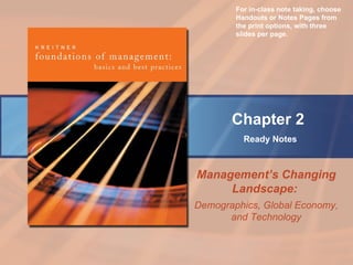 Chapter 2   Ready Notes Management’s Changing Landscape:  Demographics, Global Economy, and Technology For in-class note taking, choose Handouts or Notes Pages from the print options, with three slides per page. 