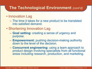 The Technological Environment  (cont’d) <ul><li>Innovation Lag </li></ul><ul><ul><li>The time it takes for a new product t...