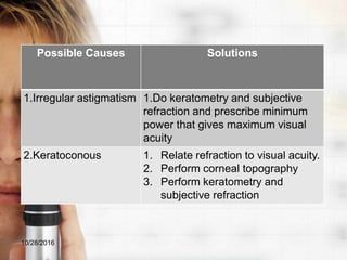 Possible Causes Solutions
1.Irregular astigmatism 1.Do keratometry and subjective
refraction and prescribe minimum
power that gives maximum visual
acuity
2.Keratoconous 1. Relate refraction to visual acuity.
2. Perform corneal topography
3. Perform keratometry and
subjective refraction
10/28/2016
 