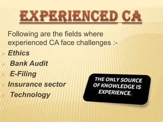 Following are the fields where
experienced CA face challenges : Ethics
 Bank Audit
 E-Filing
 Insurance sector
 Technology

 