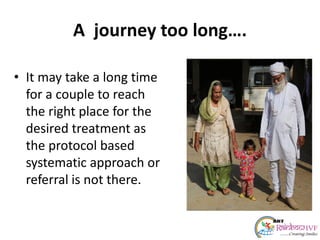 A journey too long….
• It may take a long time
for a couple to reach
the right place for the
desired treatment as
the protocol based
systematic approach or
referral is not there.
 