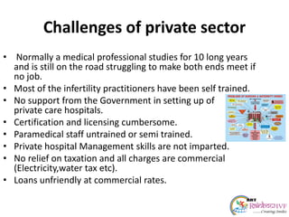 Challenges of private sector
• Normally a medical professional studies for 10 long years
and is still on the road struggling to make both ends meet if
no job.
• Most of the infertility practitioners have been self trained.
• No support from the Government in setting up of
private care hospitals.
• Certification and licensing cumbersome.
• Paramedical staff untrained or semi trained.
• Private hospital Management skills are not imparted.
• No relief on taxation and all charges are commercial
(Electricity,water tax etc).
• Loans unfriendly at commercial rates.
 