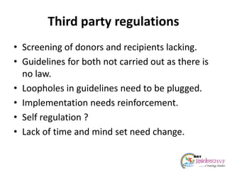Third party regulations
• Screening of donors and recipients lacking.
• Guidelines for both not carried out as there is
no law.
• Loopholes in guidelines need to be plugged.
• Implementation needs reinforcement.
• Self regulation ?
• Lack of time and mind set need change.
 
