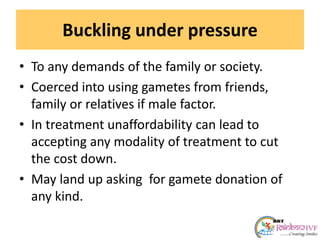 Buckling under pressure
• To any demands of the family or society.
• Coerced into using gametes from friends,
family or relatives if male factor.
• In treatment unaffordability can lead to
accepting any modality of treatment to cut
the cost down.
• May land up asking for gamete donation of
any kind.
 