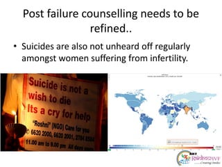 Post failure counselling needs to be
refined..
• Suicides are also not unheard off regularly
amongst women suffering from infertility.
 