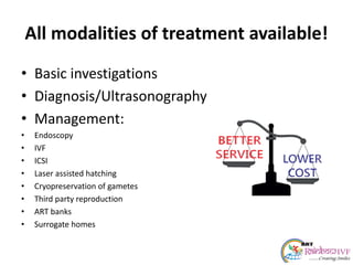 All modalities of treatment available!
• Basic investigations
• Diagnosis/Ultrasonography
• Management:
• Endoscopy
• IVF
• ICSI
• Laser assisted hatching
• Cryopreservation of gametes
• Third party reproduction
• ART banks
• Surrogate homes
 