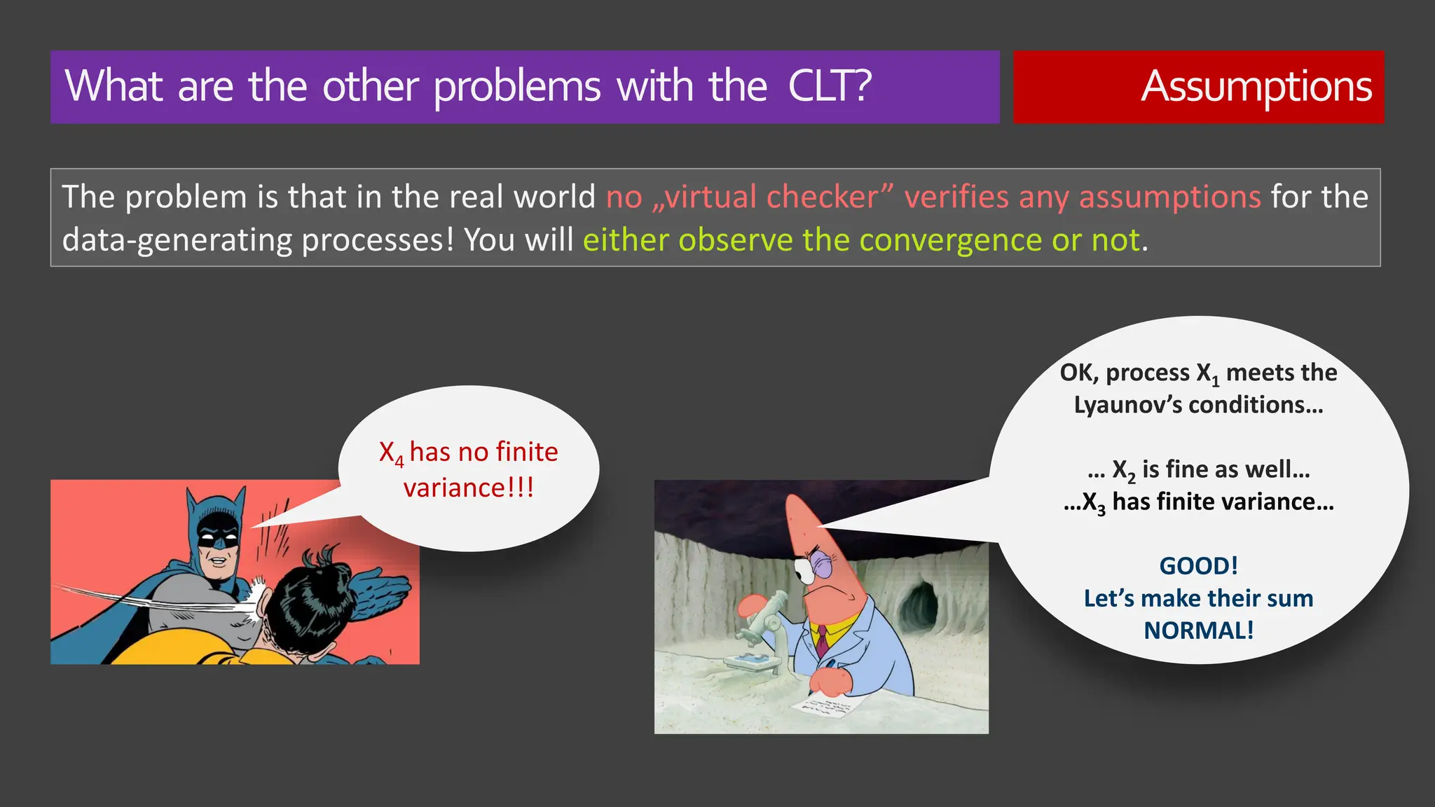 What are the other problems with the CLT? Assumptions
The problem is that in the real world no „virtual checker” verifies any assumptions for the
data-generating processes! You will either observe the convergence or not.
X4 has no finite
variance!!!
OK, process X1 meets the
Lyaunov’s conditions…
… X2 is fine as well…
…X3 has finite variance…
GOOD!
Let’s make their sum
NORMAL!
 