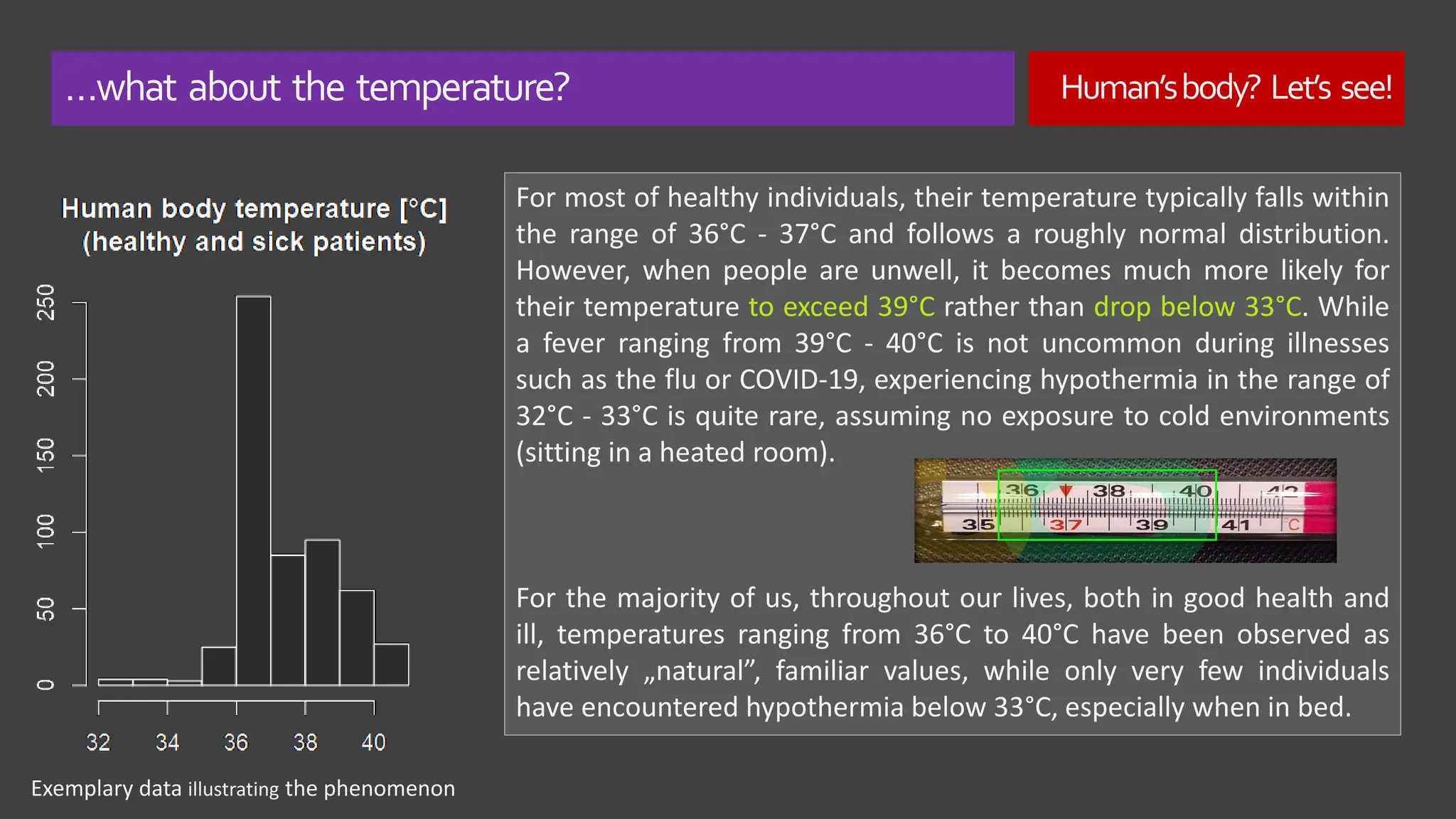 …what about the temperature? Human’sbody? Let’s see!
For most of healthy individuals, their temperature typically falls within
the range of 36°C - 37°C and follows a roughly normal distribution.
However, when people are unwell, it becomes much more likely for
their temperature to exceed 39°C rather than drop below 33°C. While
a fever ranging from 39°C - 40°C is not uncommon during illnesses
such as the flu or COVID-19, experiencing hypothermia in the range of
32°C - 33°C is quite rare, assuming no exposure to cold environments
(sitting in a heated room).
For the majority of us, throughout our lives, both in good health and
ill, temperatures ranging from 36°C to 40°C have been observed as
relatively „natural”, familiar values, while only very few individuals
have encountered hypothermia below 33°C, especially when in bed.
Exemplary data illustrating the phenomenon
 