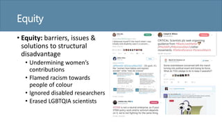 Equity
• Equity: barriers, issues &
solutions to structural
disadvantage
• Undermining women’s
contributions
• Flamed racism towards
people of colour
• Ignored disabled researchers
• Erased LGBTQIA scientists
 