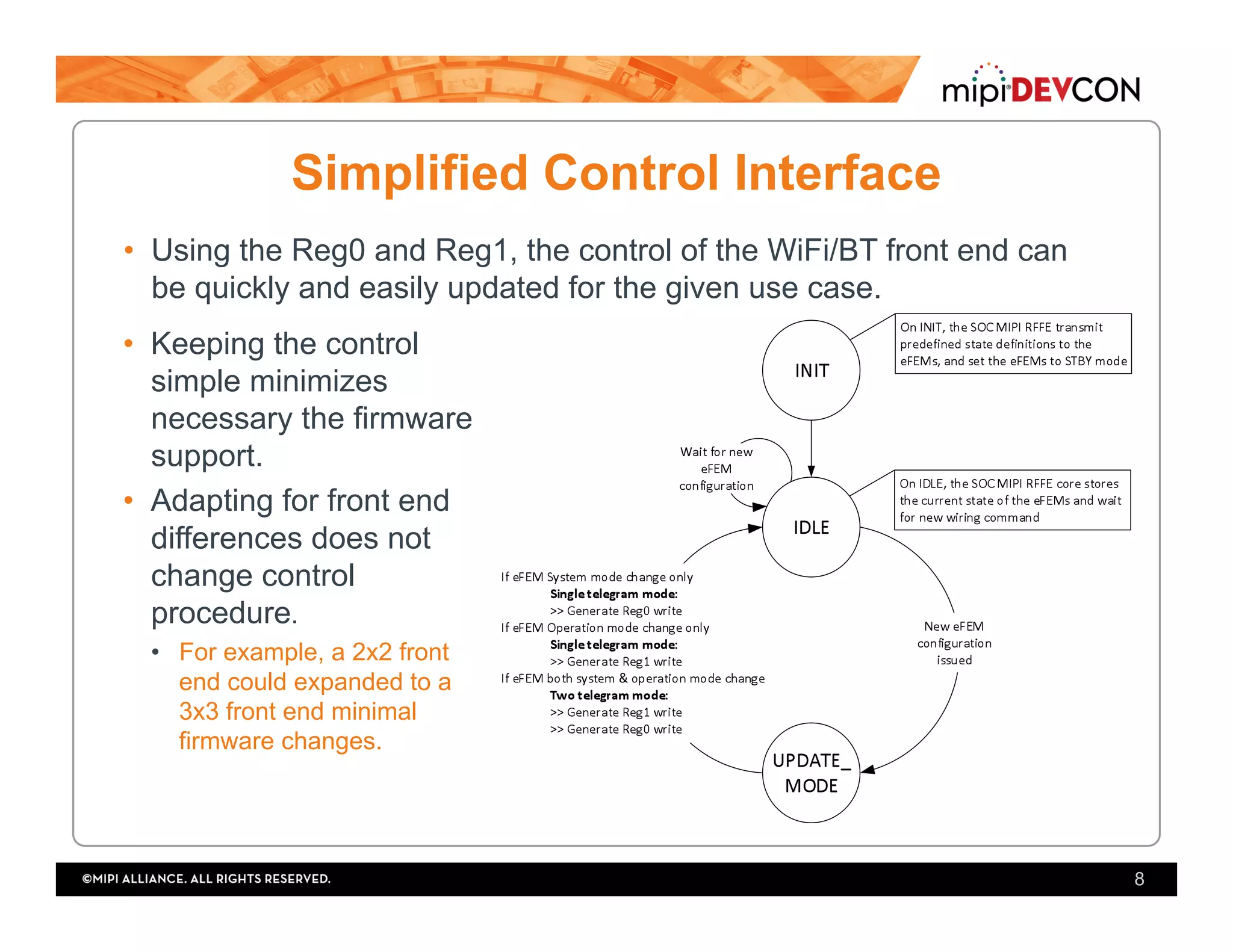 Simplified Control Interface
•  Using the Reg0 and Reg1, the control of the WiFi/BT front end can
be quickly and easily updated for the given use case.
8
•  Keeping the control
simple minimizes
necessary the firmware
support.
•  Adapting for front end
differences does not
change control
procedure.
•  For example, a 2x2 front
end could expanded to a
3x3 front end minimal
firmware changes.
 