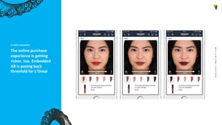 The online purchase
experience is getting
richer, too. Embedded
AR is paying back
threefold for L’Oreal
In-aisle innovation
 