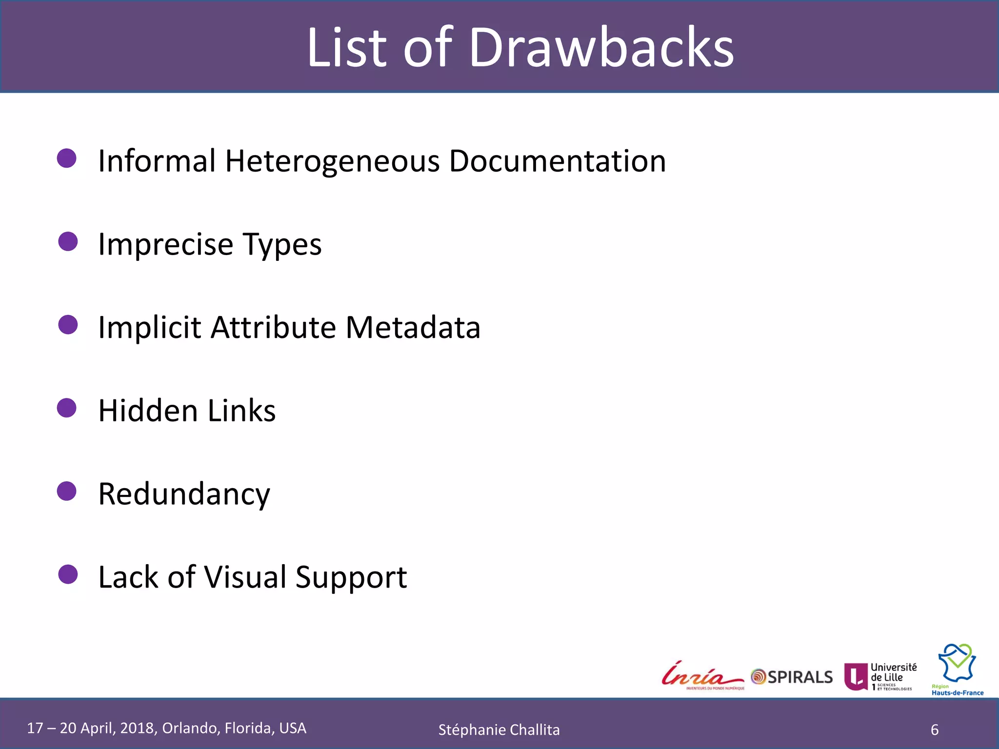 List of Drawbacks
Stéphanie Challita 6
• Informal Heterogeneous Documentation
• Imprecise Types
• Implicit Attribute Metadata
• Hidden Links
• Redundancy
• Lack of Visual Support
17 – 20 April, 2018, Orlando, Florida, USA
 