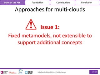 Stéphanie CHALLITA – PhD Defense 17/109
Approaches for multi-clouds
State of the Art Foundation Contributions Conclusion
Issue 1:
Fixed metamodels, not extensible to
support additional concepts
 