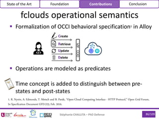  Formalization of OCCI behavioral specification1 in Alloy
 Operations are modeled as predicates
 Time concept is added to distinguish between pre-
states and post-states
86/109Stéphanie CHALLITA – PhD Defense
State of the Art Foundation Contributions Conclusion
OCCIAPI
Create
Retrieve
Update
Delete
1. R. Nyrén, A. Edmonds, T. Metsch and B. Paràk, “Open Cloud Computing Interface - HTTP Protocol,” Open Grid Forum,
In Specification Document GFD.223, Feb. 2016.
fclouds operational semantics
 