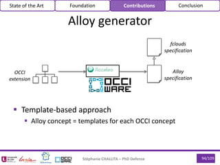  Template-based approach
 Alloy concept = templates for each OCCI concept
conforms to
94/109Stéphanie CHALLITA – PhD Defense
Alloy generator
State of the Art Foundation Contributions Conclusion
OCCI
extension
Alloy
specification
fclouds
specification
 